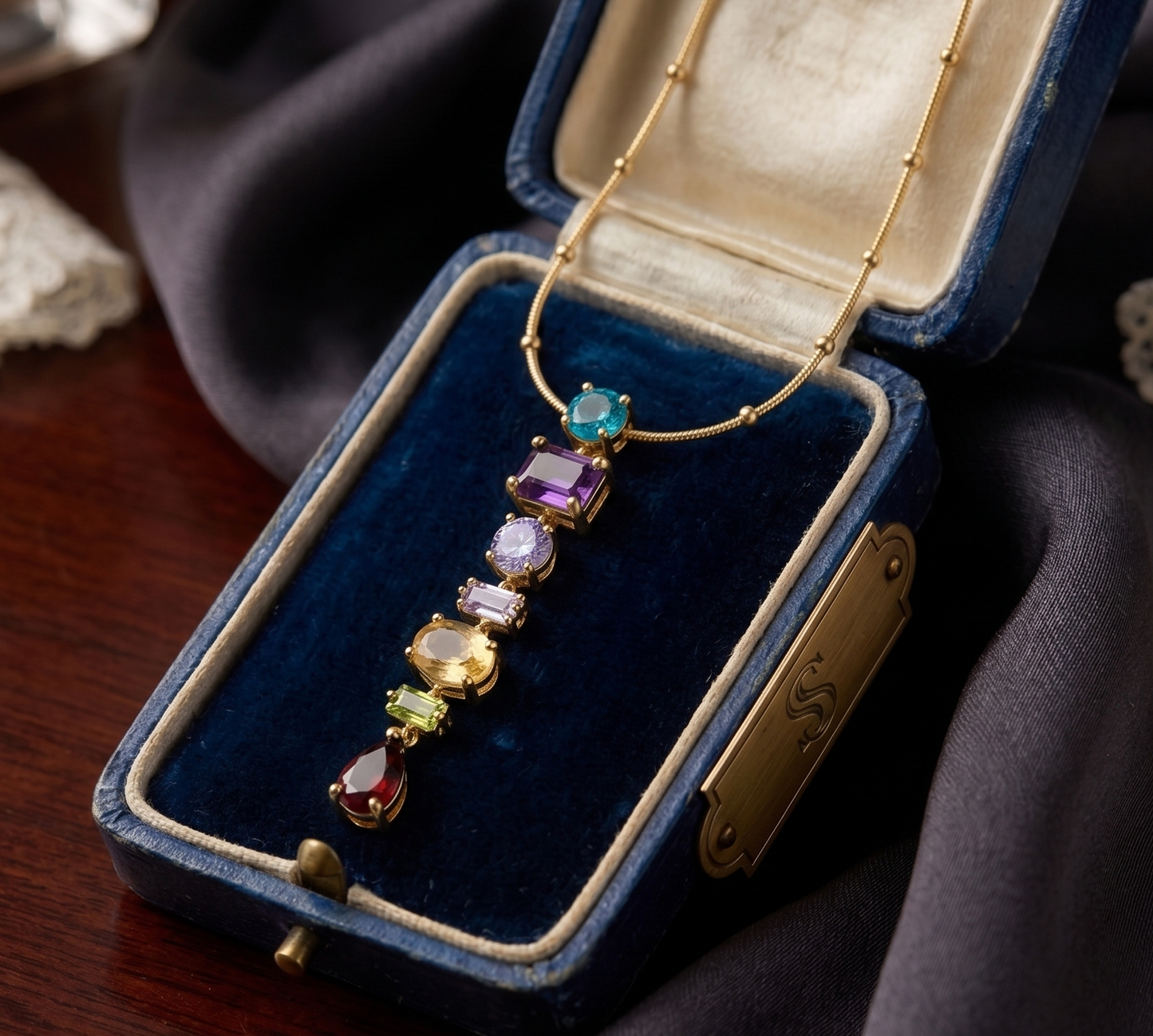 SwarnaSage Gold Plated Multi-Gemstone Gradient Drop Pendant Necklace with Bead-Accented Chain
