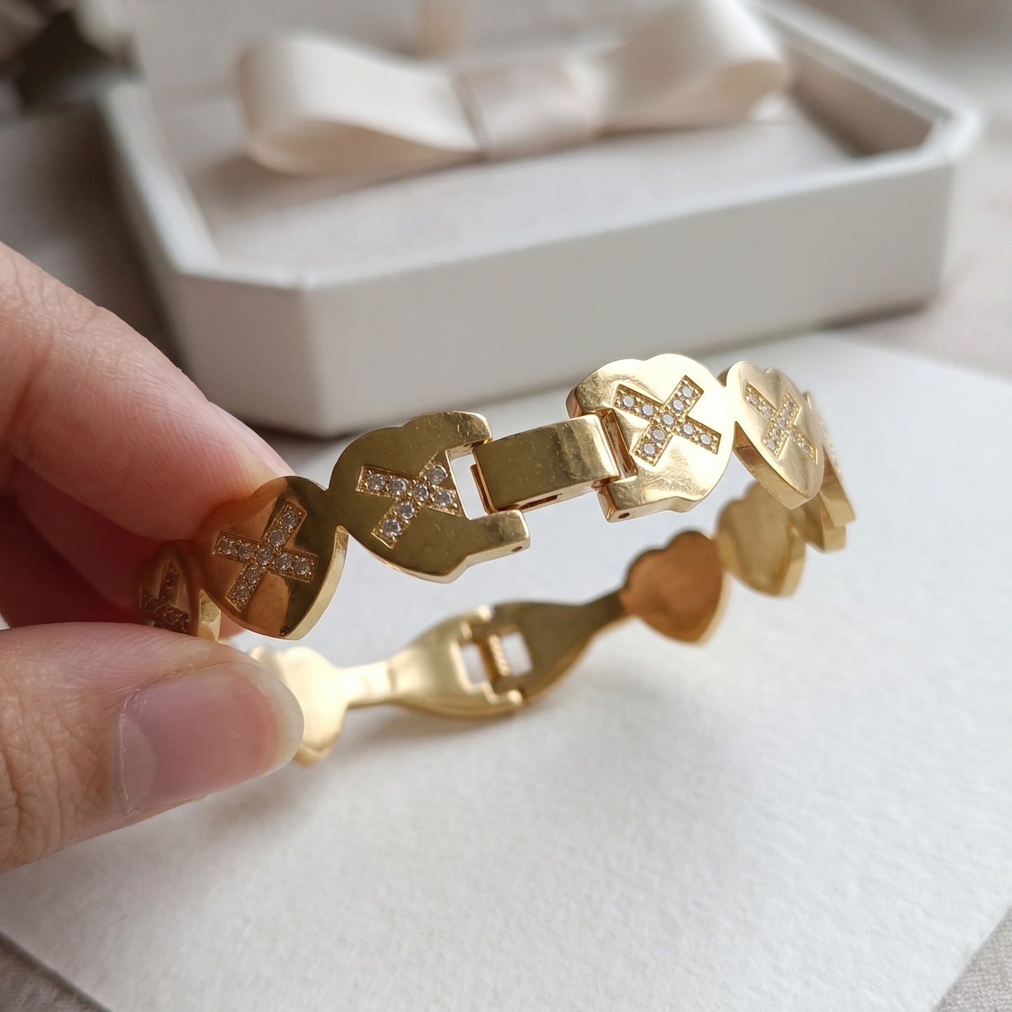 SwarnaSage Gold CZ Heart 'X' Motif Articulated Link Bangle