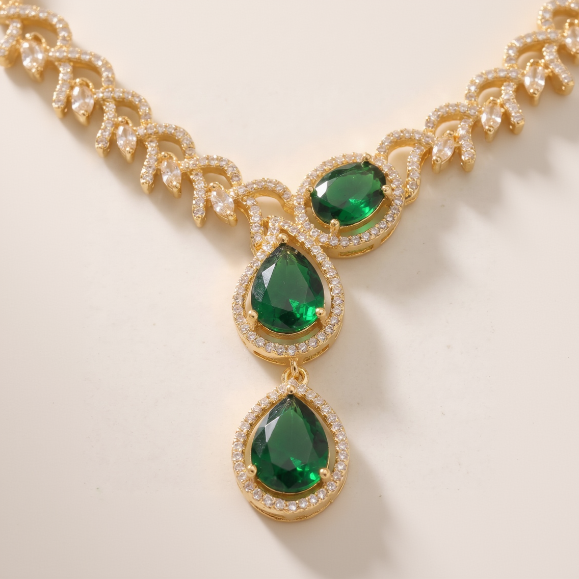 Empress Vine Gold-Plated Emerald & CZ Statement Necklace and Earring Set