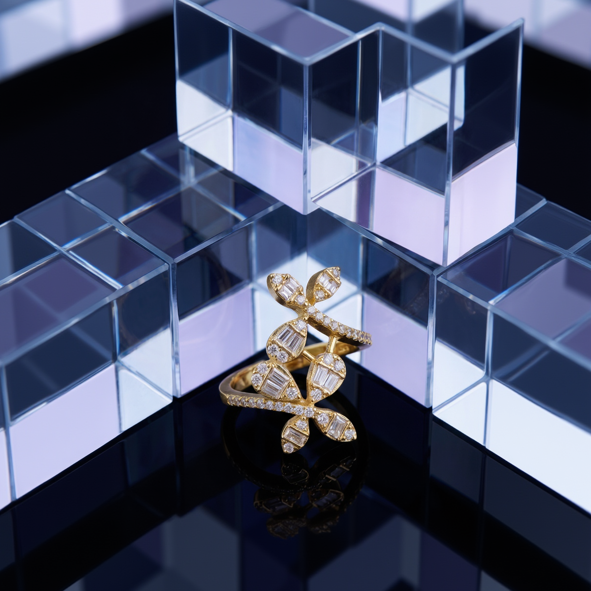 Gold-Plated Two-Tiered Baguette and Round CZ Geometric Statement Ring for Women