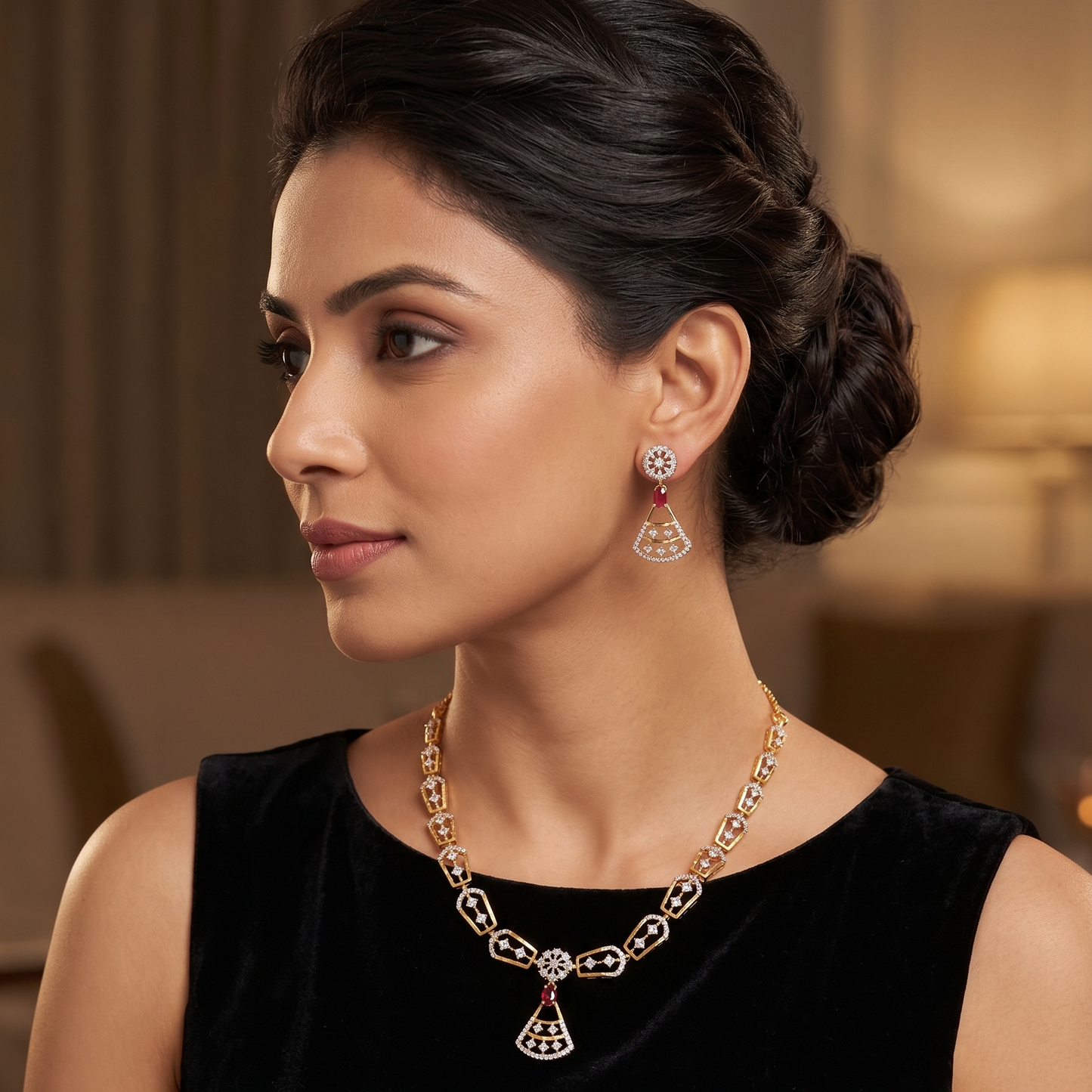 Gold Geometric Shield Link Necklace & Earring Set with Pavé Diamonds and Ruby Drops