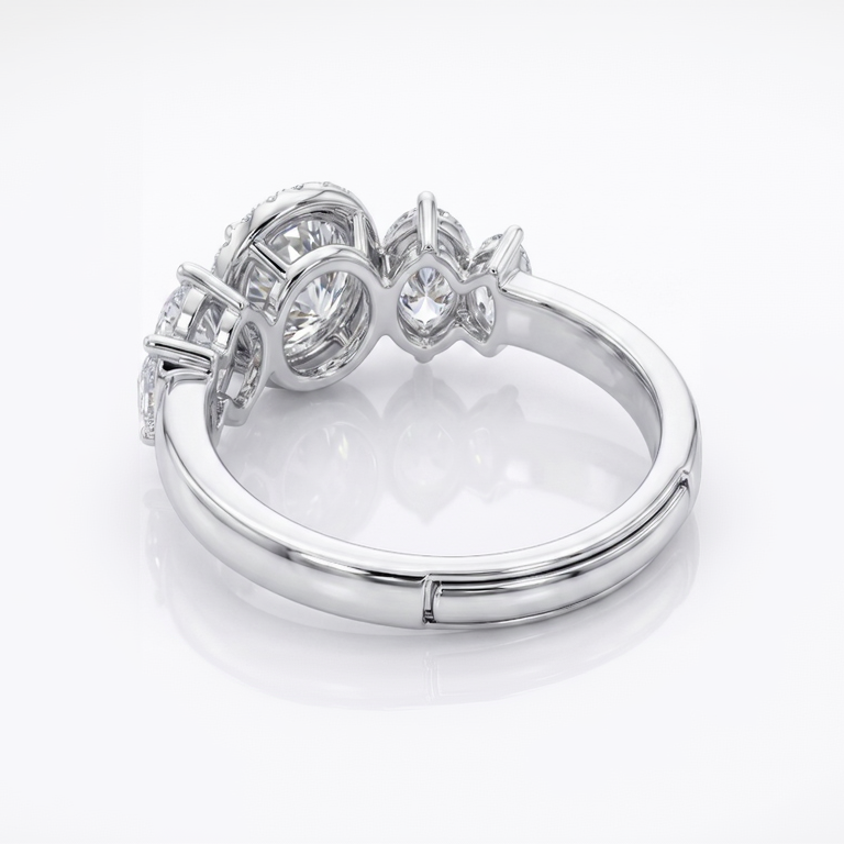 3-Stone Oval Halo Engagement Ring in Silver Finish