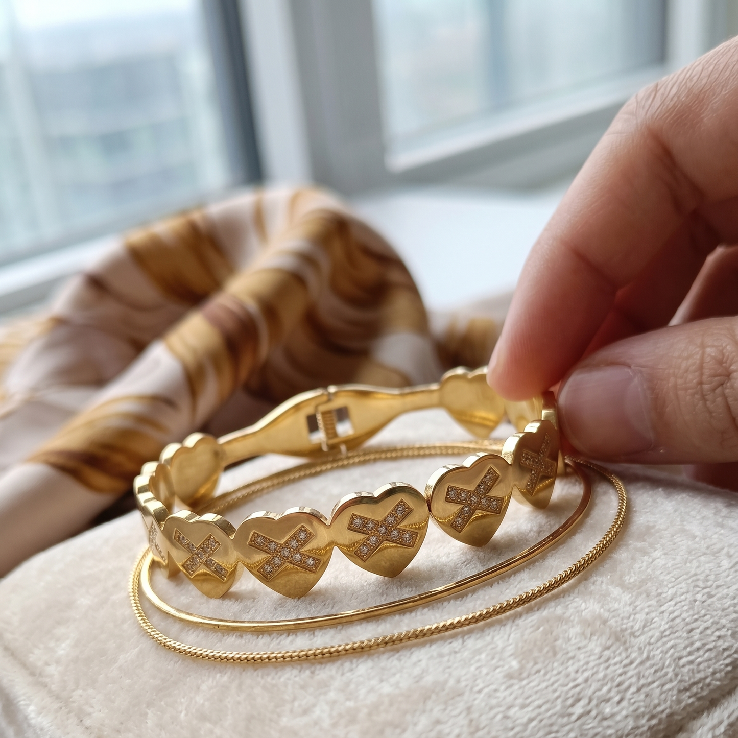 SwarnaSage Gold CZ Heart 'X' Motif Articulated Link Bangle