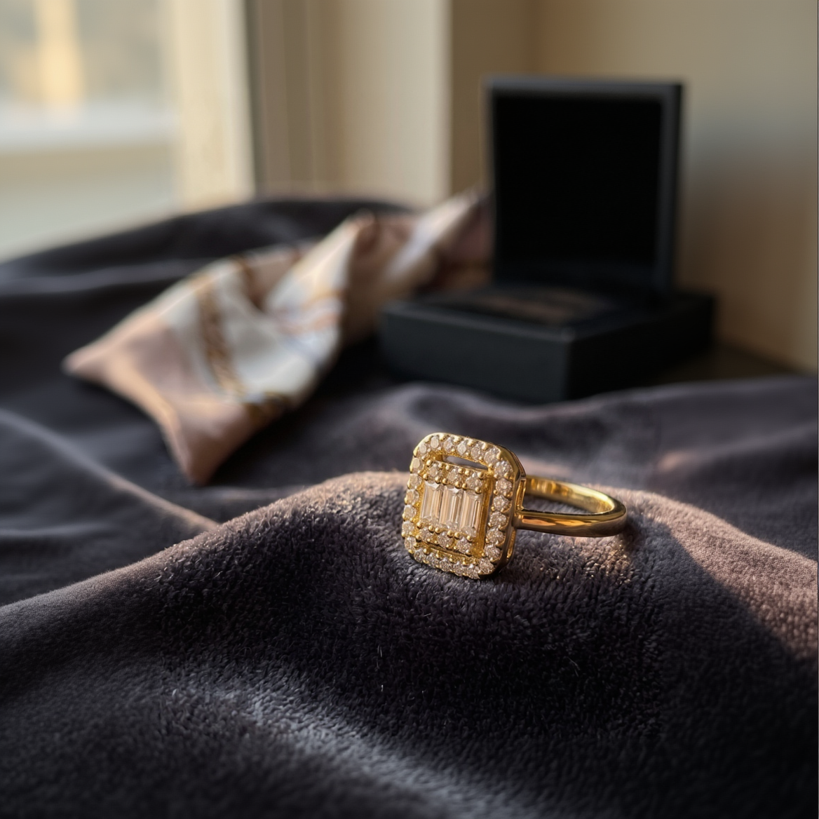Art Deco Inspired Yellow Gold Plated Baguette and Round Cubic Zirconia Double Halo Cluster Cocktail Ring
