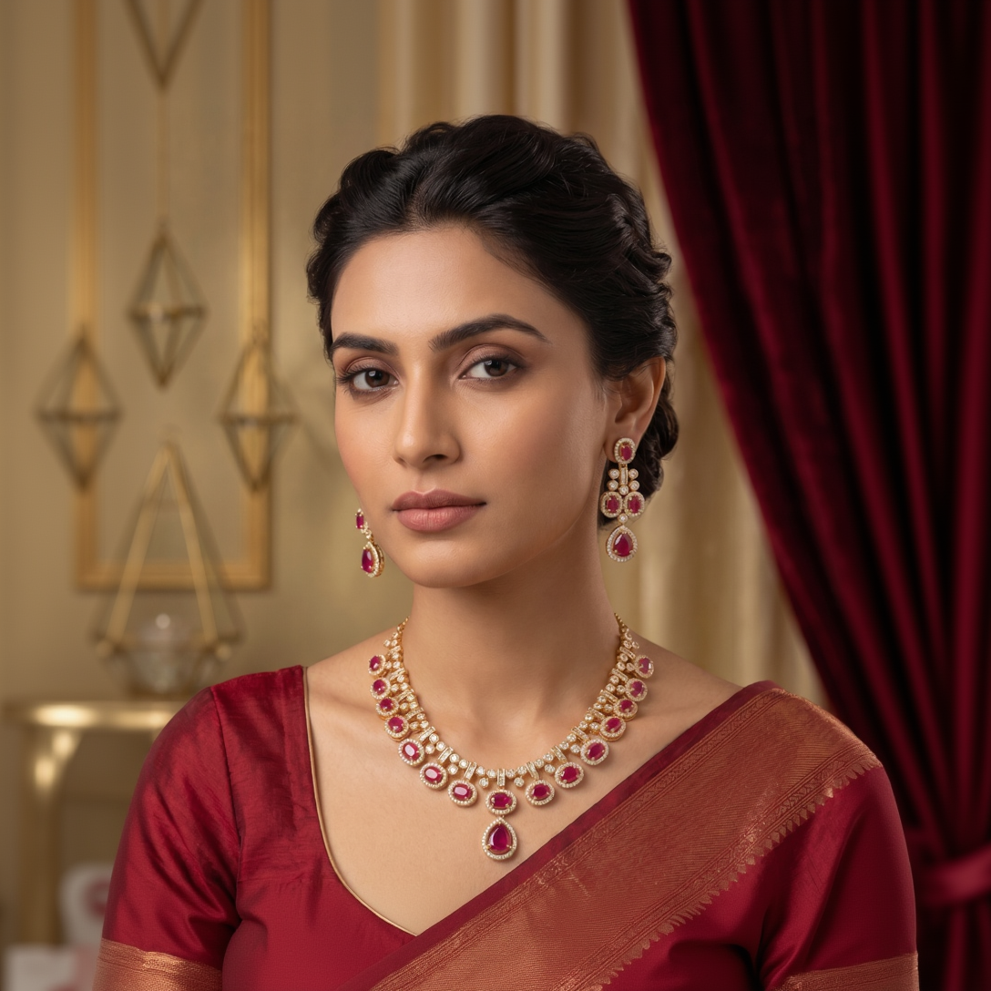 Royal Ruby Halo Drop Necklace and Earring Set in Gold Finish