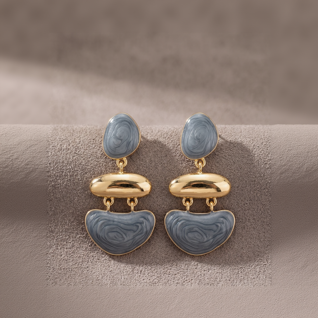Viennois Elegant Slate Blue-Grey & Gold-Tone Three-Tier Articulated Dangle Earrings