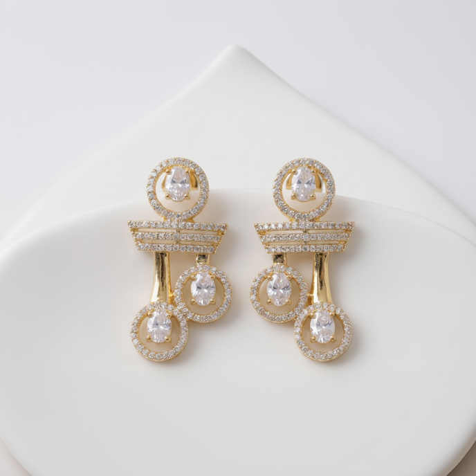 Gilded Art Deco CZ Choker Necklace & Earring Set with Pavé Bars and Circle Dangles