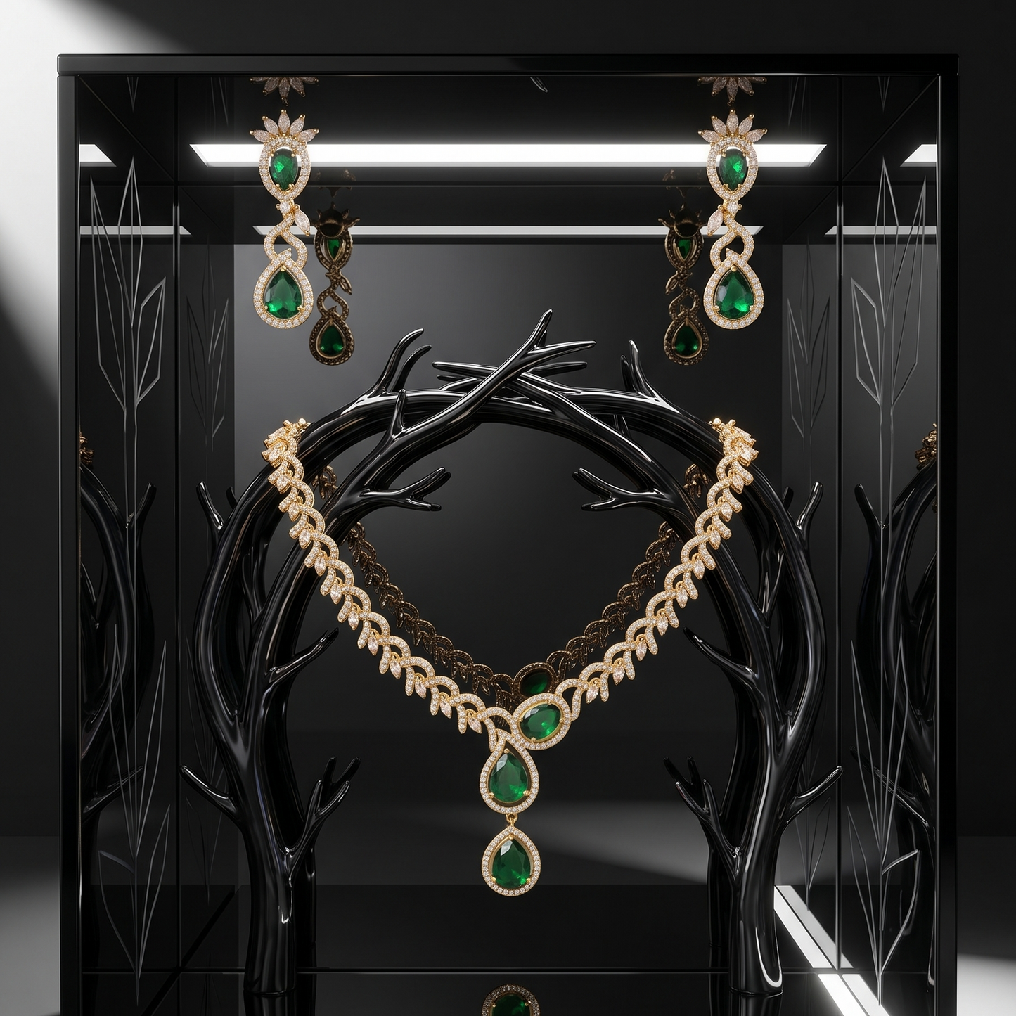 Empress Vine Gold-Plated Emerald & CZ Statement Necklace and Earring Set