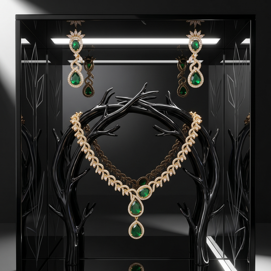 Empress Vine Gold-Plated Emerald & CZ Statement Necklace and Earring Set