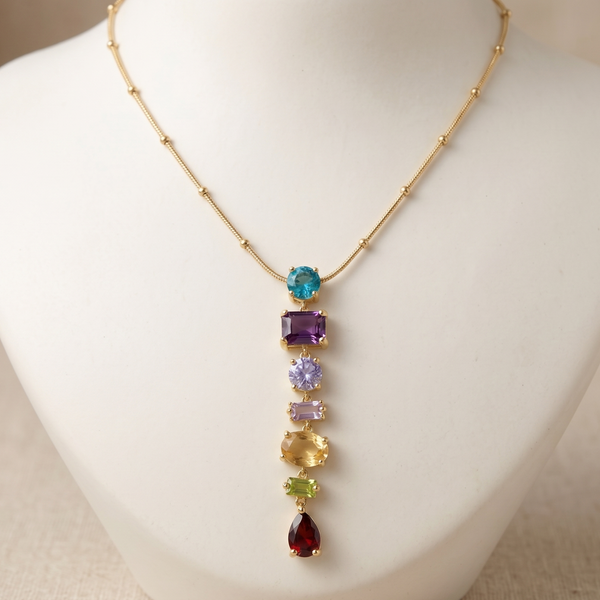 SwarnaSage Gold Plated Multi-Gemstone Gradient Drop Pendant Necklace with Bead-Accented Chain