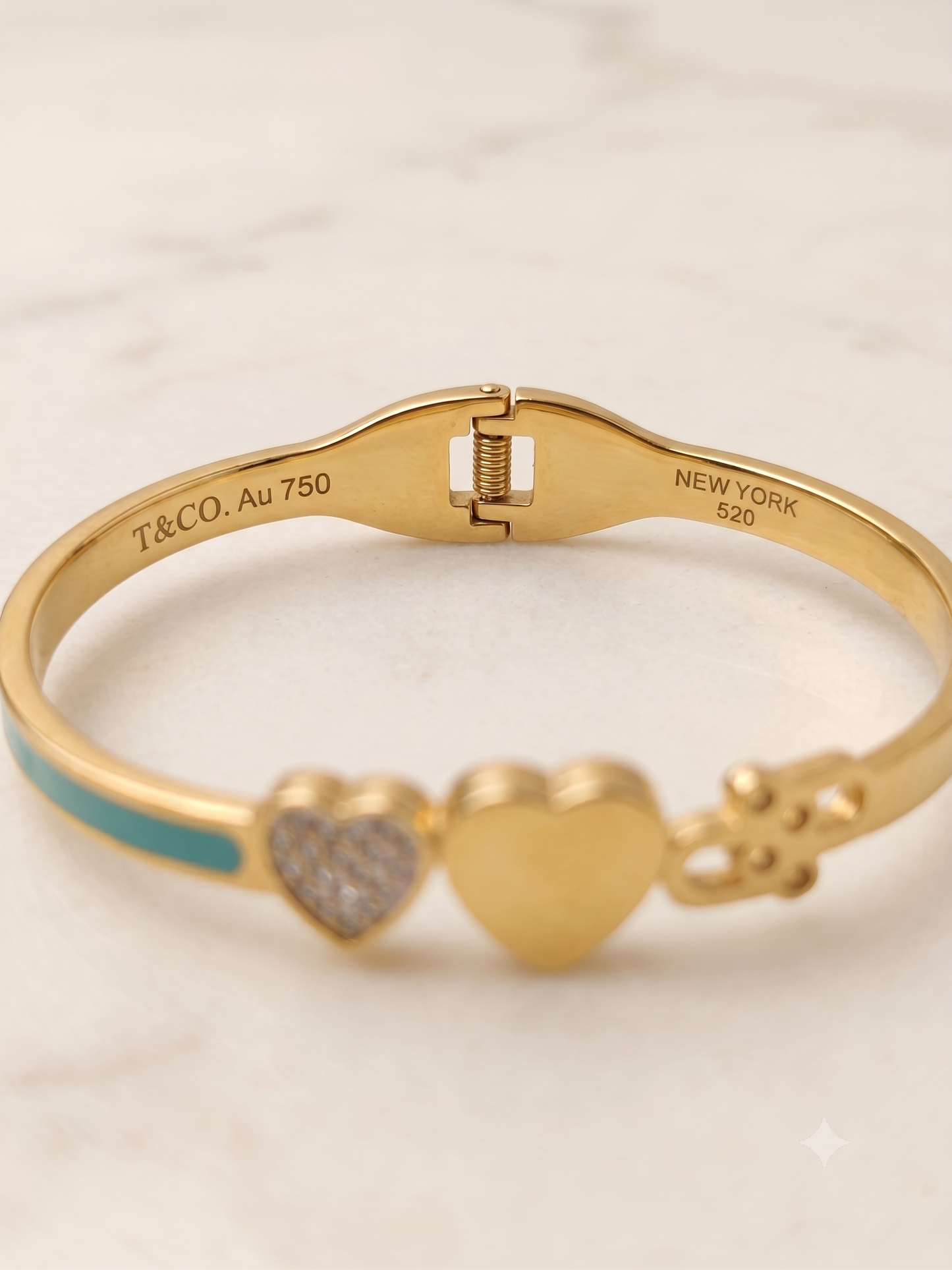 Tiffany Style Two-Heart Hinged Bangle: Pave Heart, Gold-Tone Heart, and Turquoise Enamel