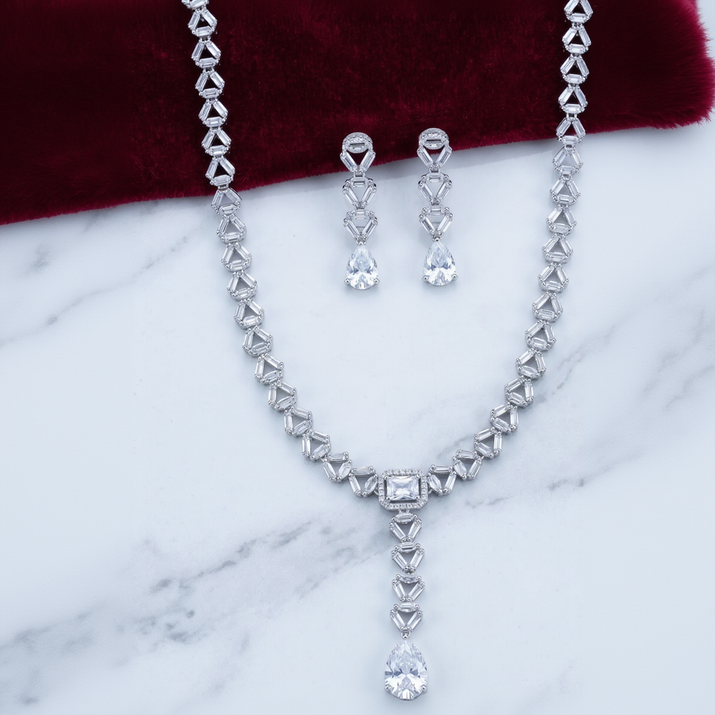 Lucent V' Geometric Link Statement Necklace and Drop Earrings Set in White Gold with Pear Drop Accent (Cubic Zirconia)