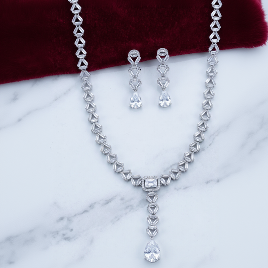 Lucent V' Geometric Link Statement Necklace and Drop Earrings Set in White Gold with Pear Drop Accent (Cubic Zirconia)