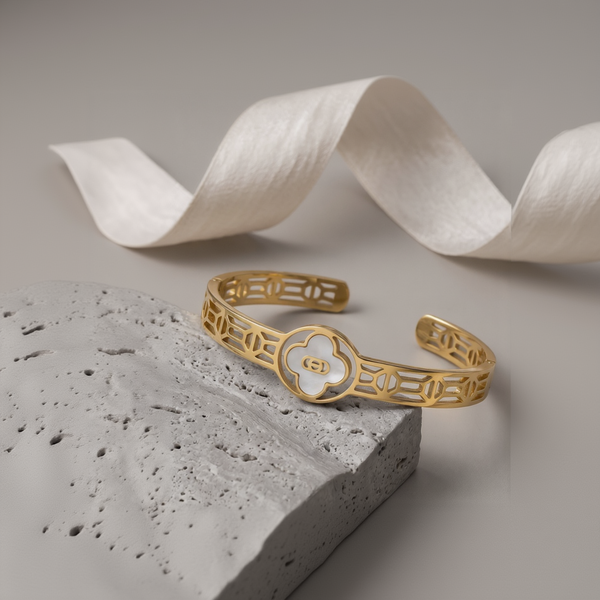 White Clover and Gold-Tone Openwork Cuff Bangle Bracelet for Women - Intricate Filigree, Polished Finish