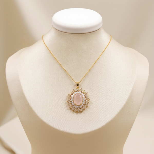Gold Plated Oval Rose Quartz and Cubic Zirconia Cluster Halo Pendant Necklace