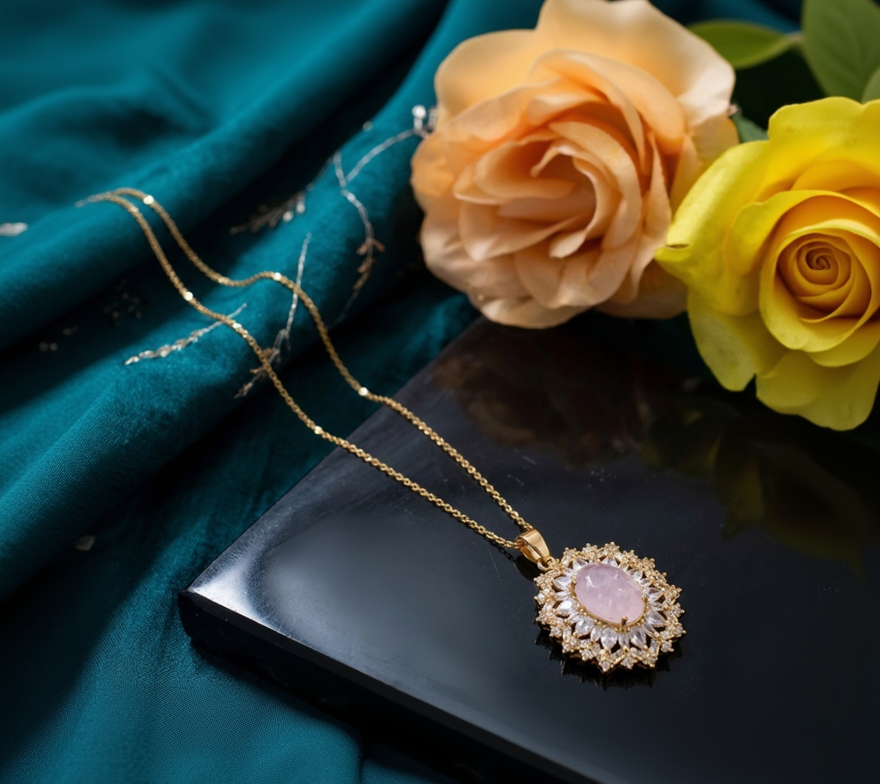 Gold Plated Oval Rose Quartz and Cubic Zirconia Cluster Halo Pendant Necklace