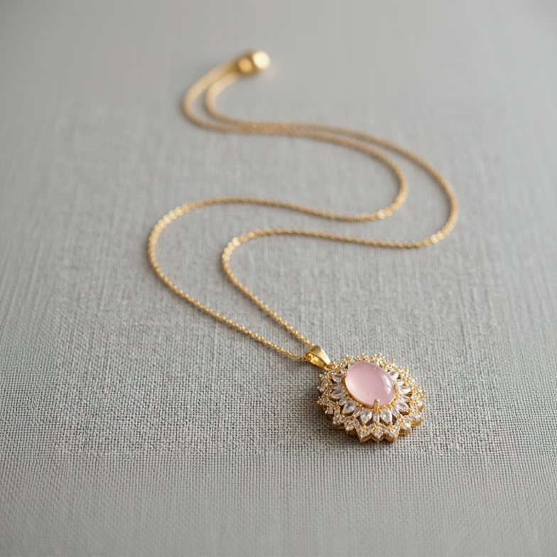 Gold Plated Oval Rose Quartz and Cubic Zirconia Cluster Halo Pendant Necklace