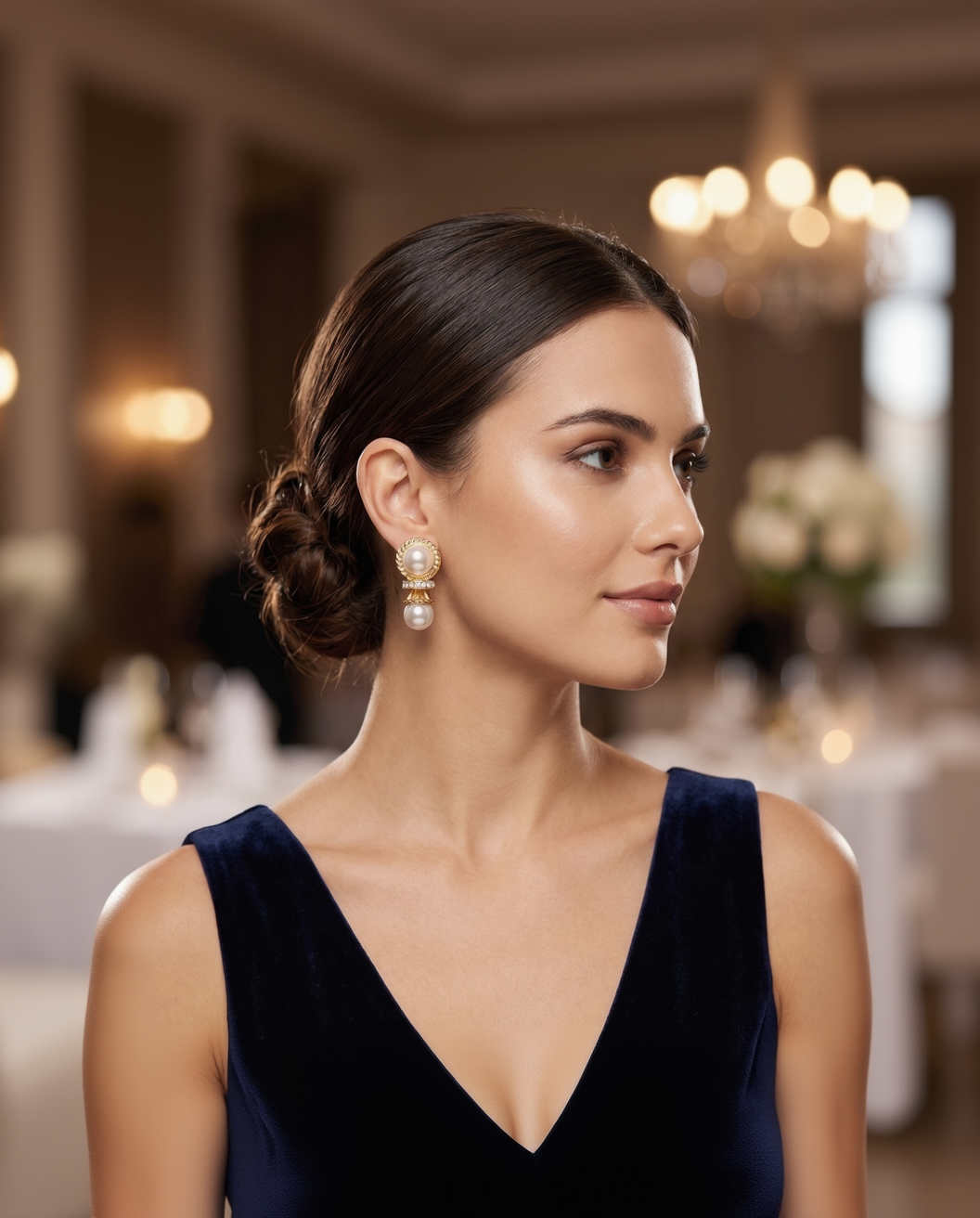 Elegant Double Pearl and Crystal Pave Gold-Tone Statement Stud Earrings - Vintage-Inspired Luxury Drop Earrings