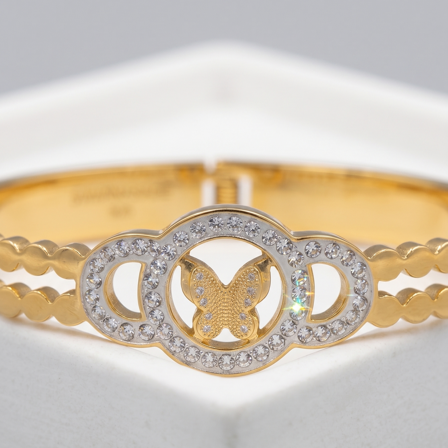 Two-Tone Gold & Silver Pave Crystal Butterfly Hinge Bangle Bracelet - Butterfly Garden Collection