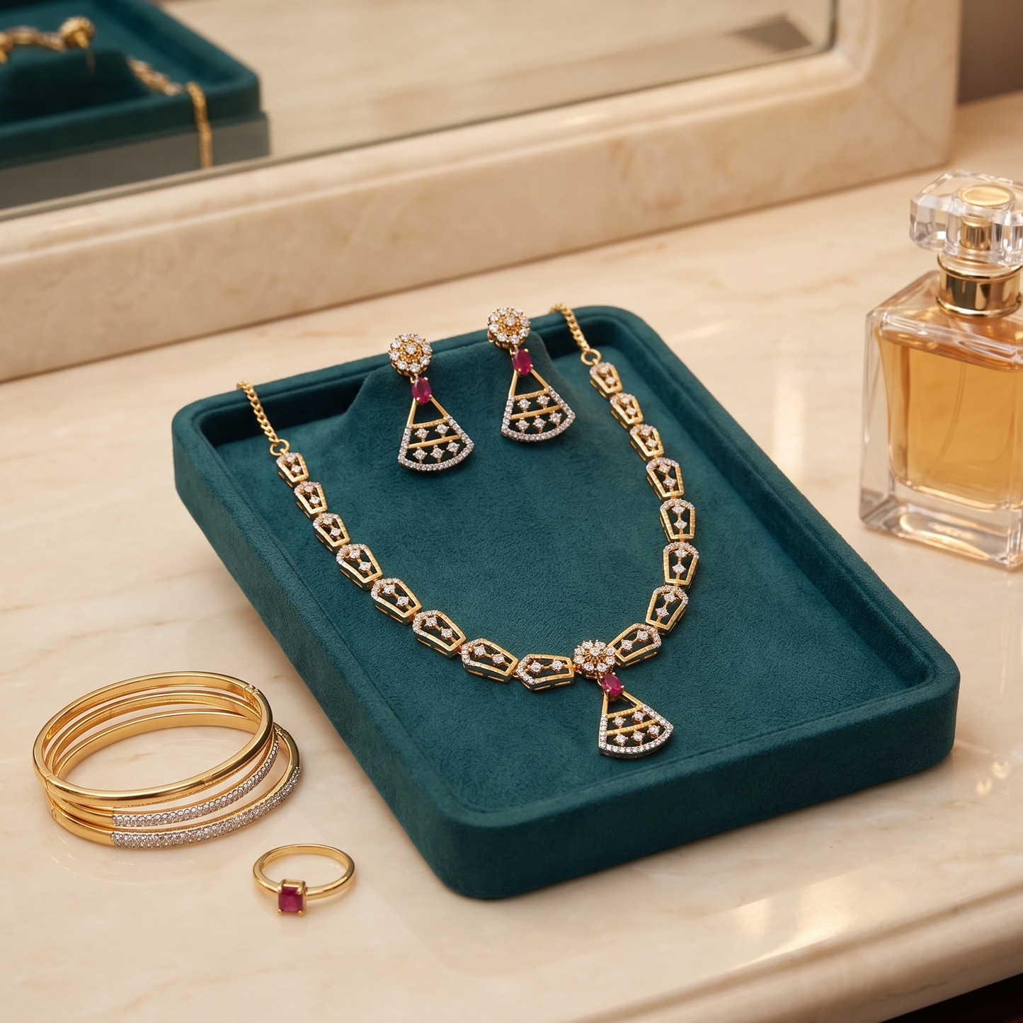 Gold Geometric Shield Link Necklace & Earring Set with Pavé Diamonds and Ruby Drops