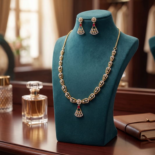 Gold Geometric Shield Link Necklace & Earring Set with Pavé Diamonds and Ruby Drops