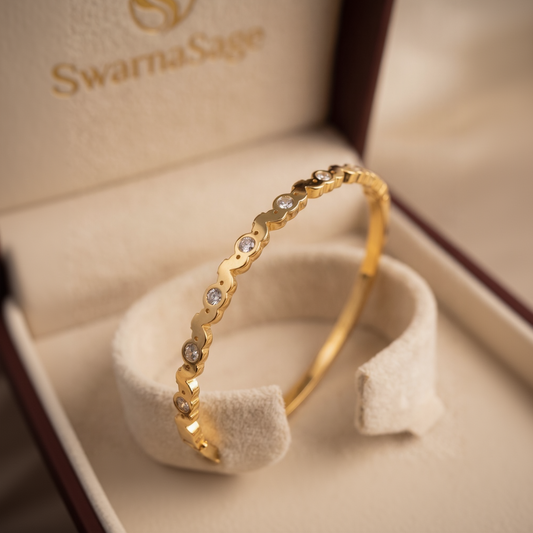 Modern Gold Plated Geometric Stone Bangle - Dainty Station Bracelet