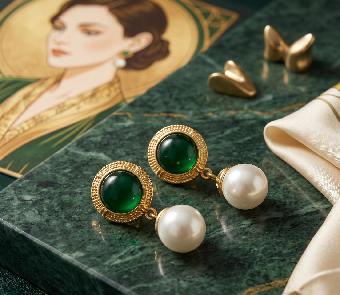 Vintage Gold Green Cabochon & Pearl Drop Earrings