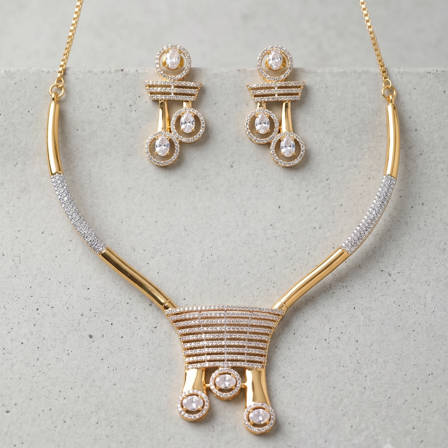 Gilded Art Deco CZ Choker Necklace & Earring Set with Pavé Bars and Circle Dangles