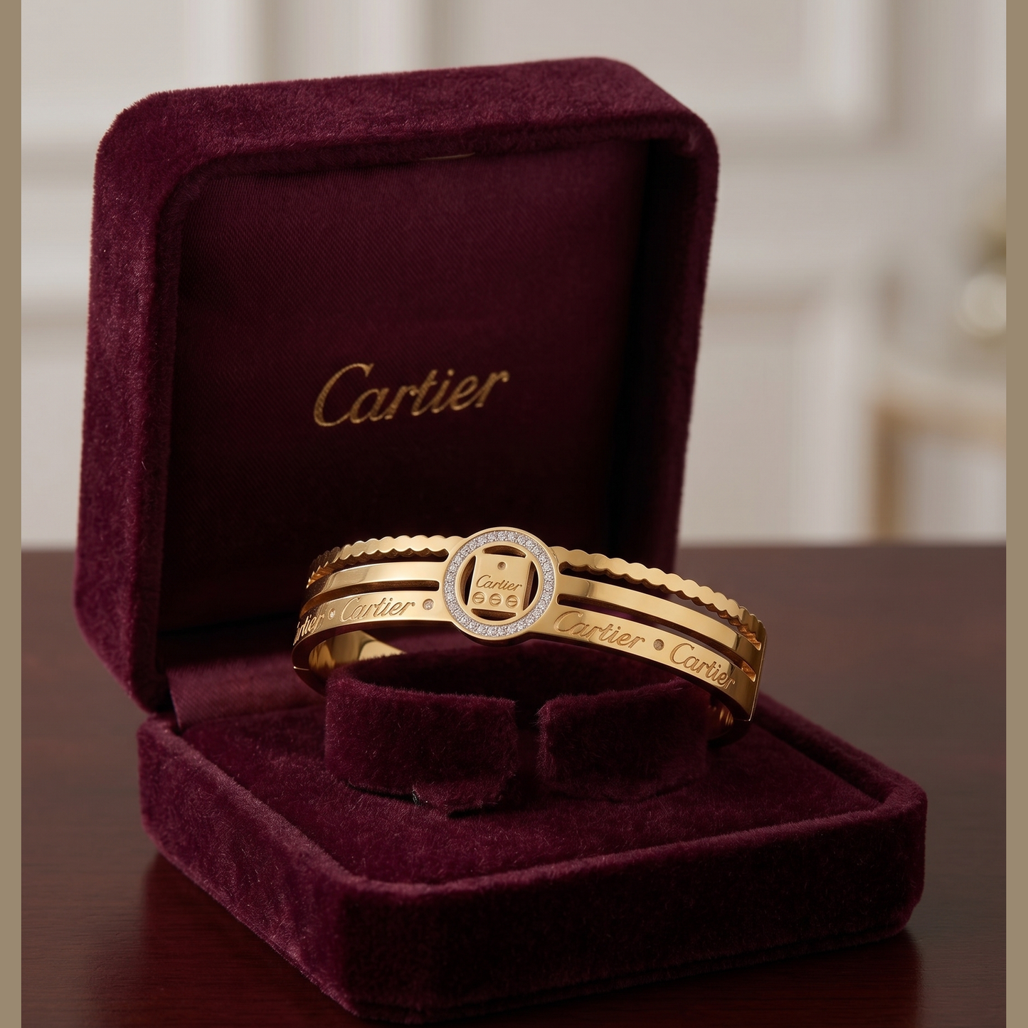Vintage-Inspired Yellow Gold Double-Band Bangle with Pavé Diamond Medallion