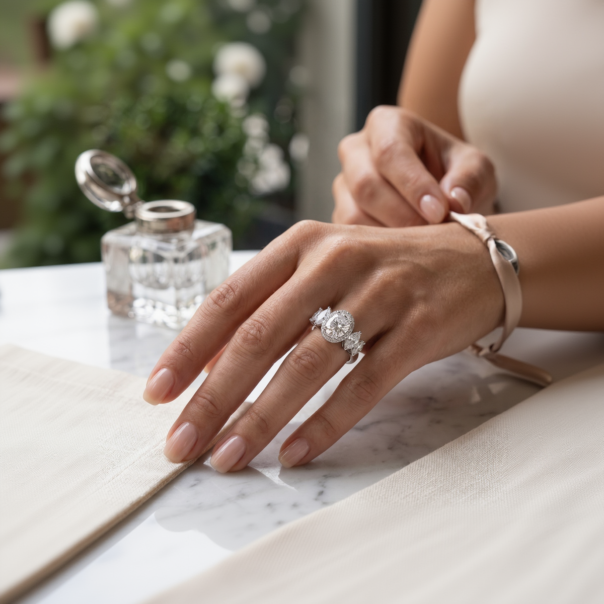 3-Stone Oval Halo Engagement Ring in Silver Finish