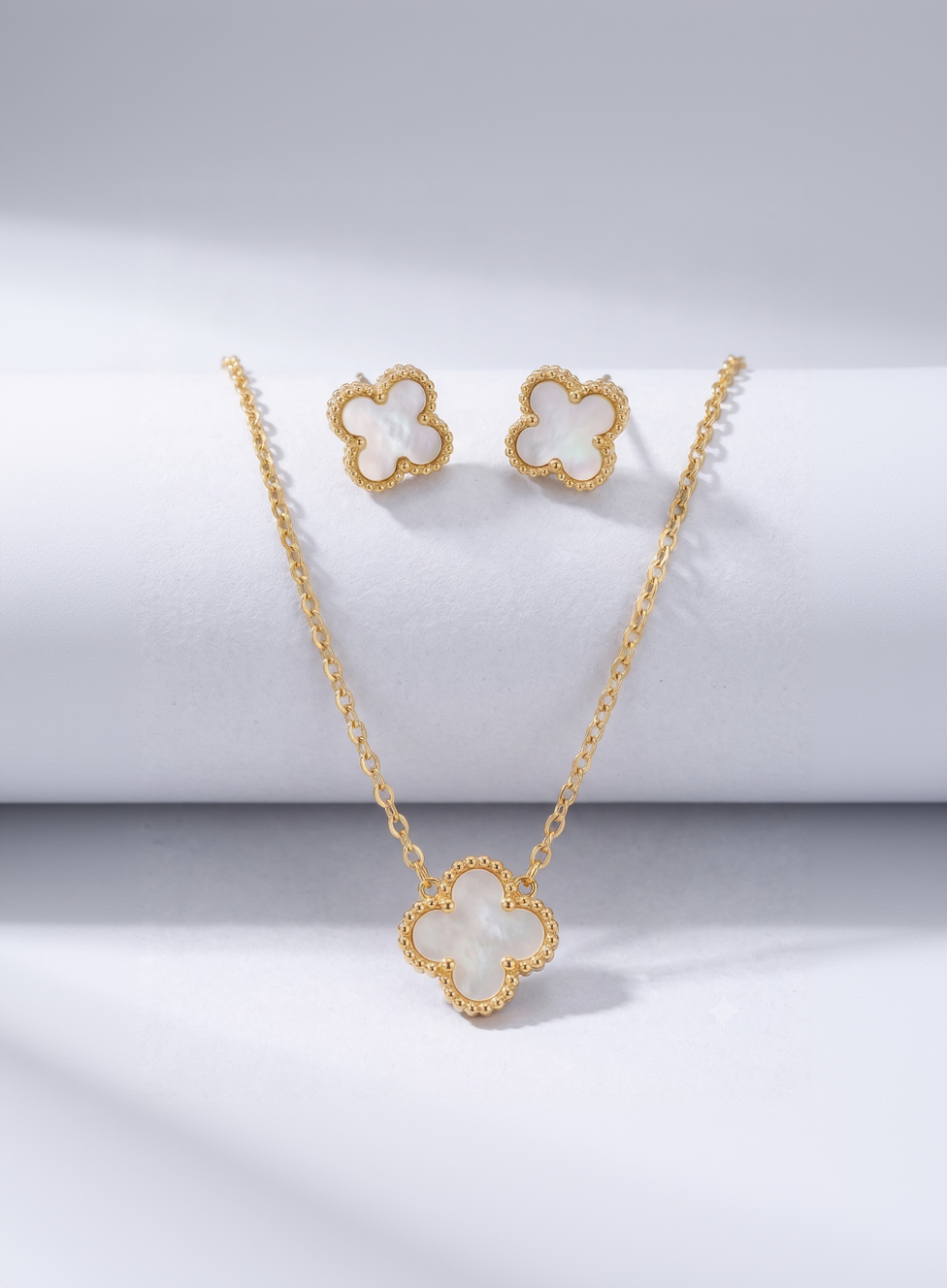 Exquisite Gold-Tone Mother of Pearl Clover Necklace and Earring Set for Women - Iconic Lucky Alhambra Style Jewelry