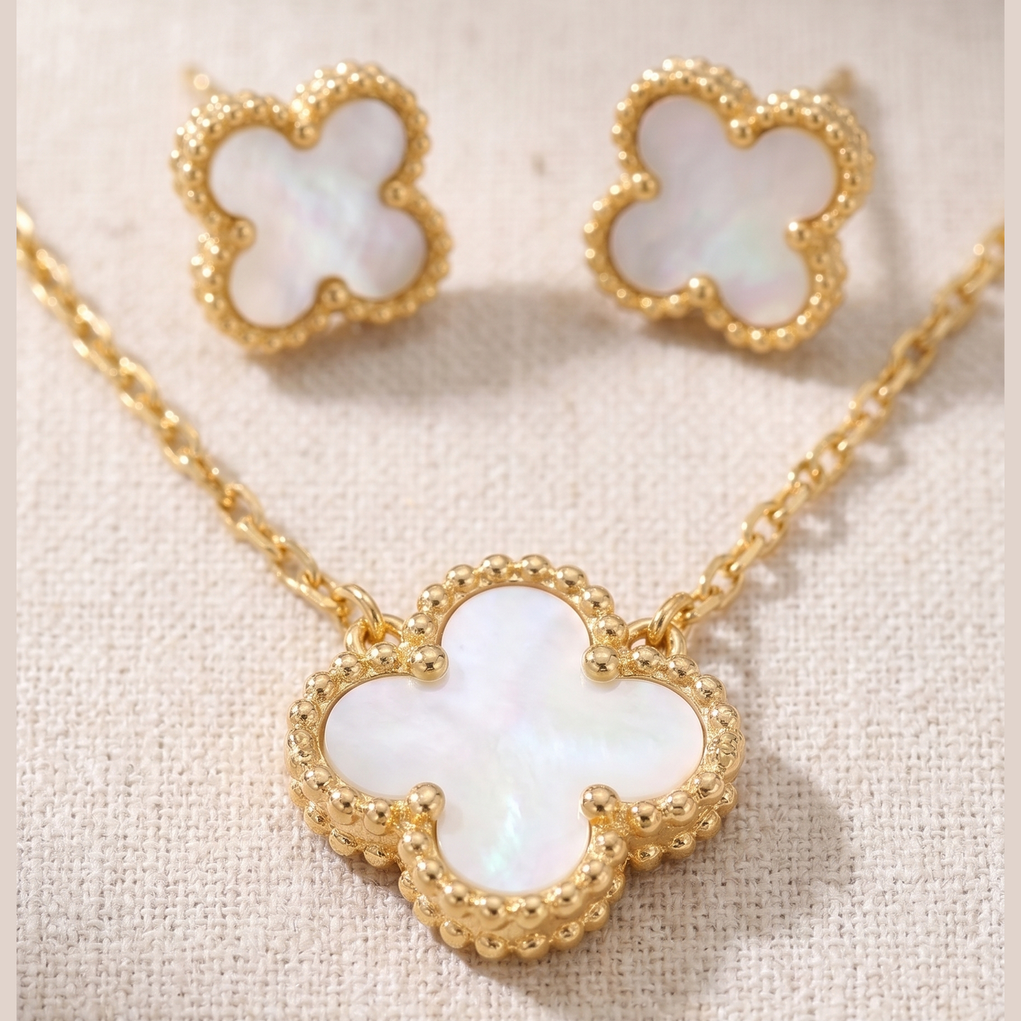 Exquisite Gold-Tone Mother of Pearl Clover Necklace and Earring Set for Women - Iconic Lucky Alhambra Style Jewelry