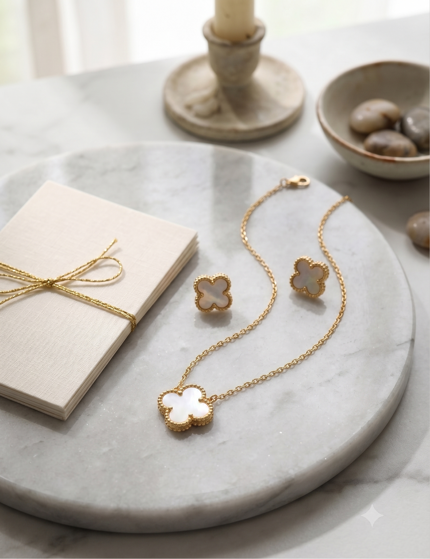 Exquisite Gold-Tone Mother of Pearl Clover Necklace and Earring Set for Women - Iconic Lucky Alhambra Style Jewelry