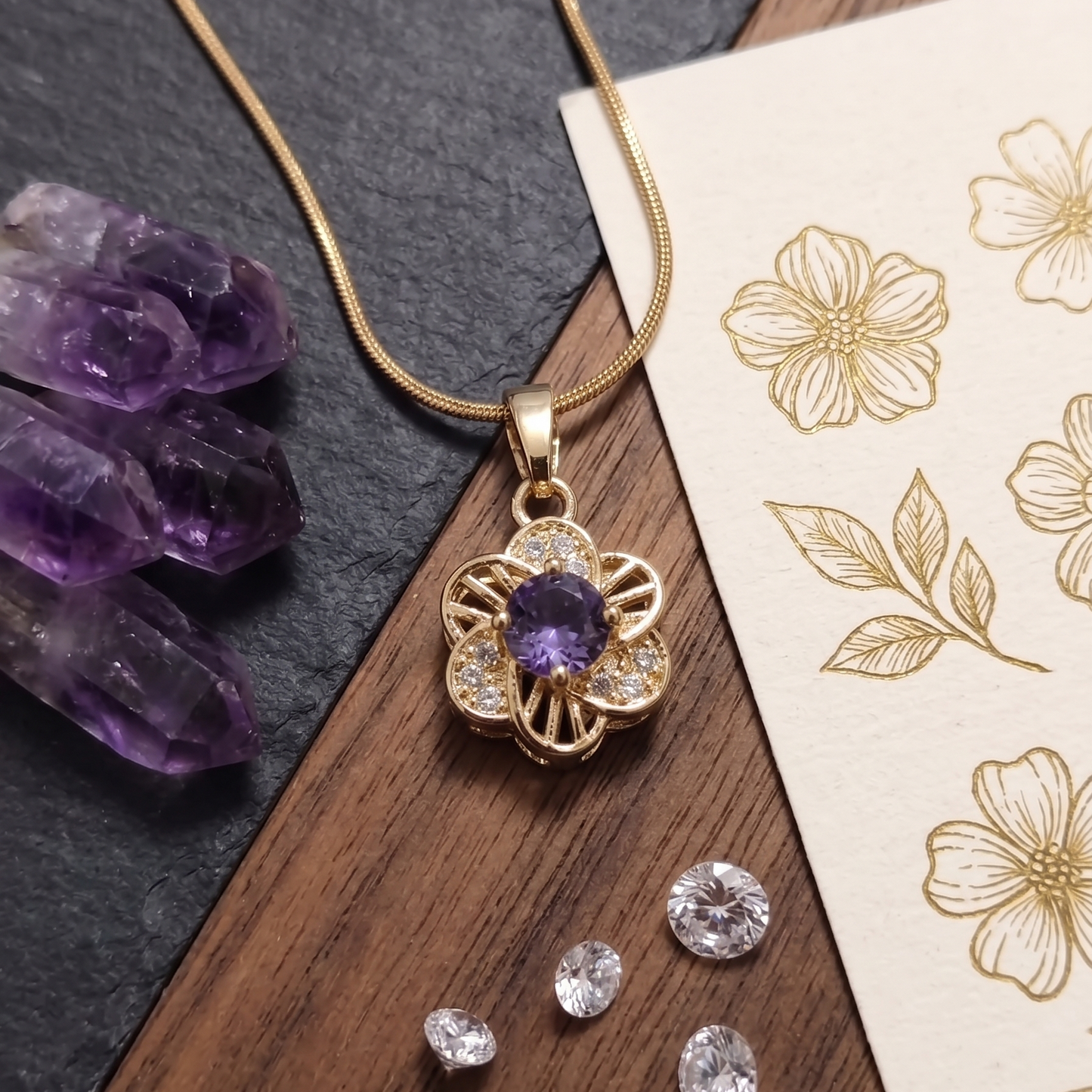 Exquisite Gold-Plated Filigree Flower Pendant Necklace with Brilliant Purple Amethyst CZ and Pave Setting