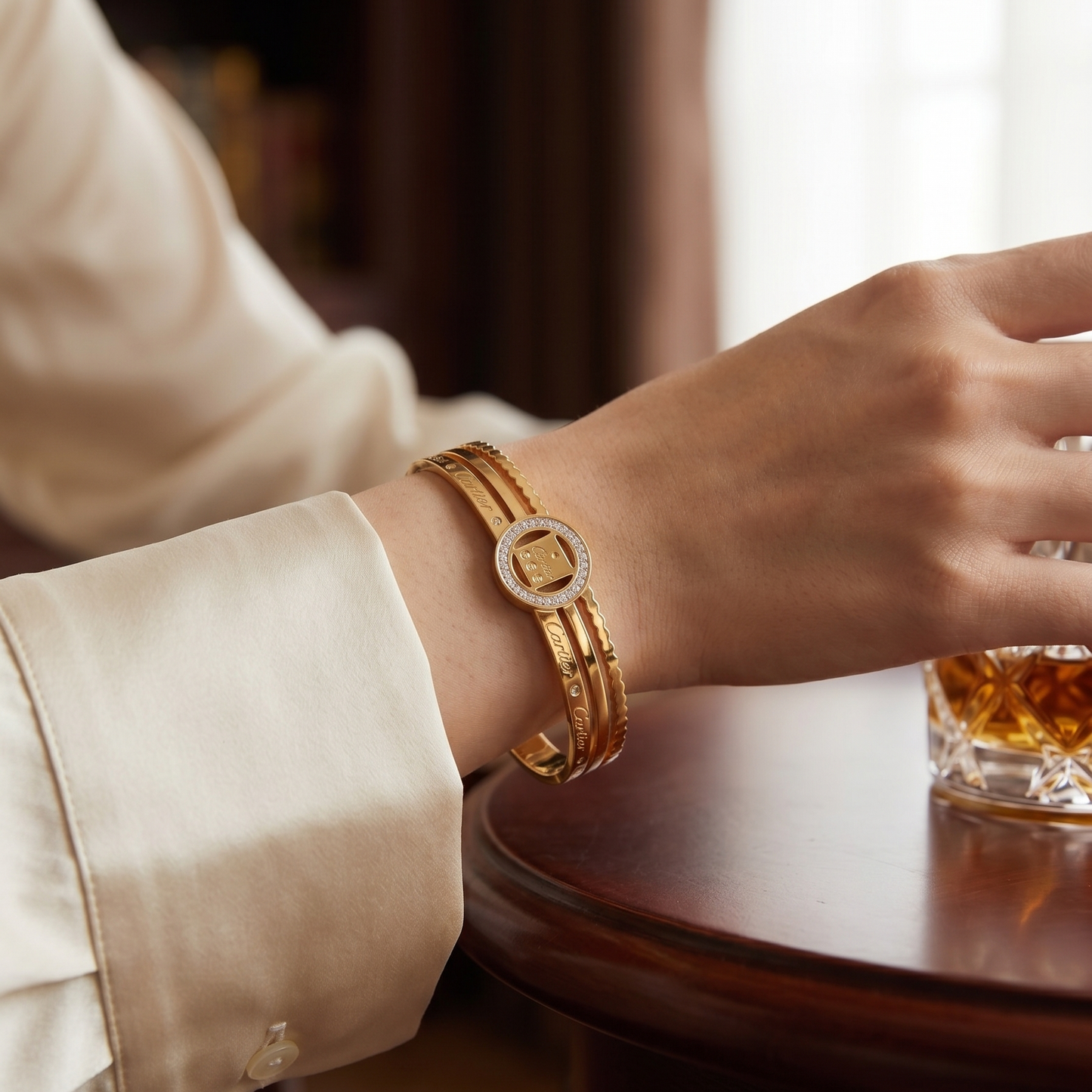 Vintage-Inspired Yellow Gold Double-Band Bangle with Pavé Diamond Medallion