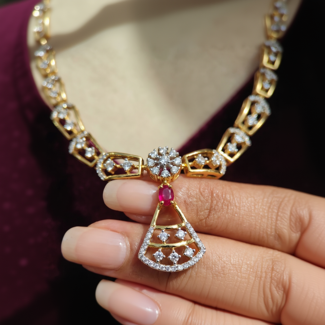 Gold Geometric Shield Link Necklace & Earring Set with Pavé Diamonds and Ruby Drops