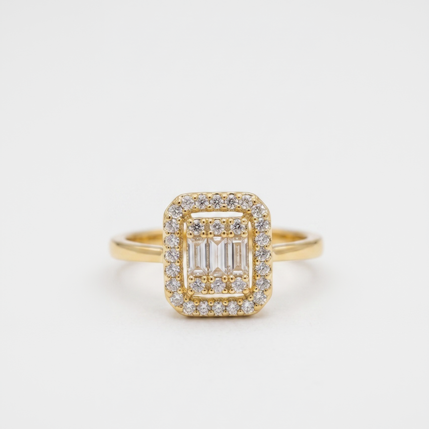 Art Deco Inspired Yellow Gold Plated Baguette and Round Cubic Zirconia Double Halo Cluster Cocktail Ring