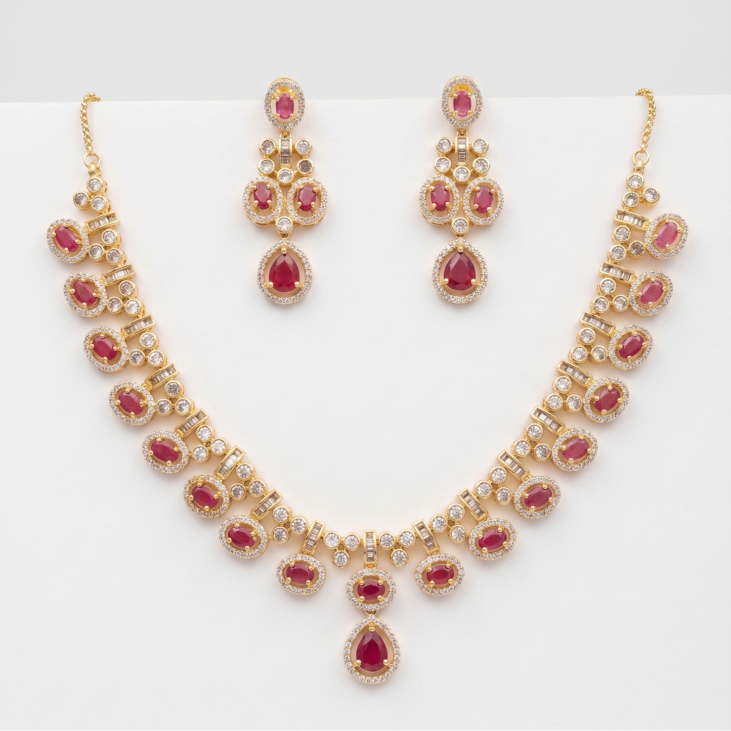 Royal Ruby Halo Drop Necklace and Earring Set in Gold Finish