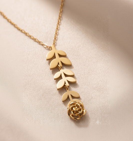 Dainty Layered Gold-Plated Botanical Necklace with Rose and Leaf Pendant Lariat