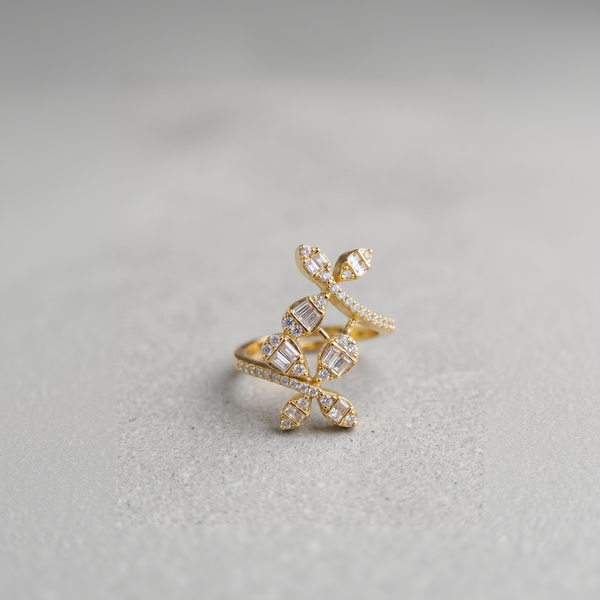 Gold-Plated Two-Tiered Baguette and Round CZ Geometric Statement Ring for Women