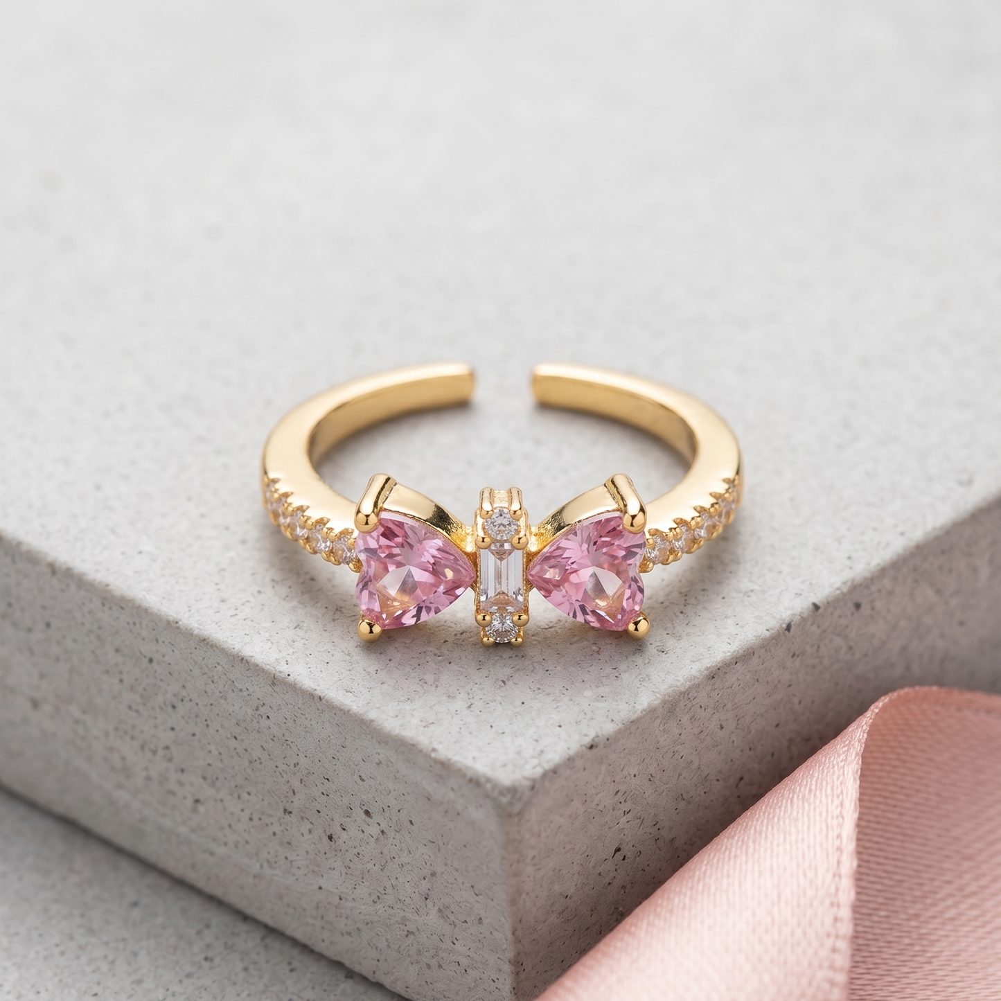 Amara Adjustable Gold Plated Pink Heart Butterfly Statement Ring with Pave Accents