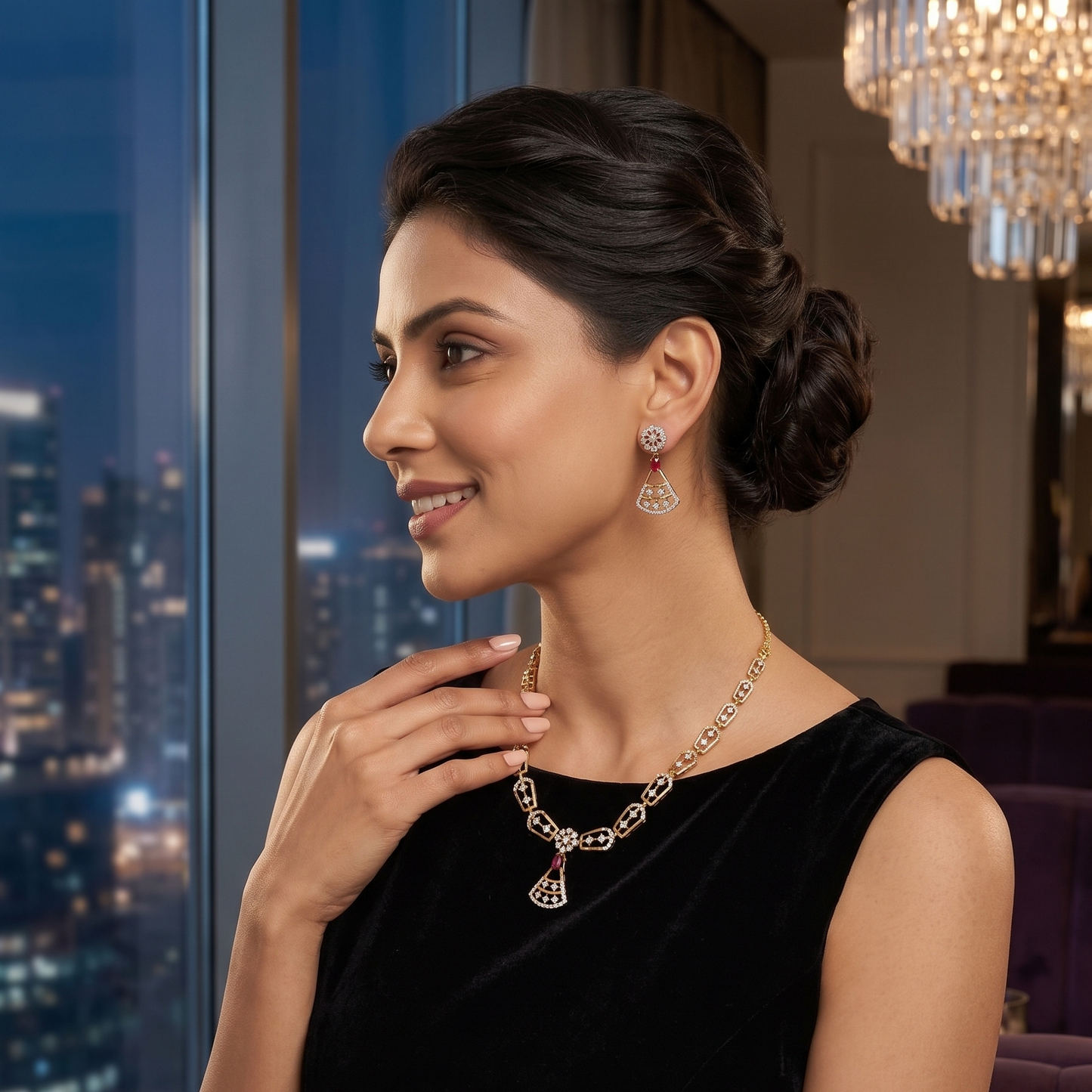 Gold Geometric Shield Link Necklace & Earring Set with Pavé Diamonds and Ruby Drops