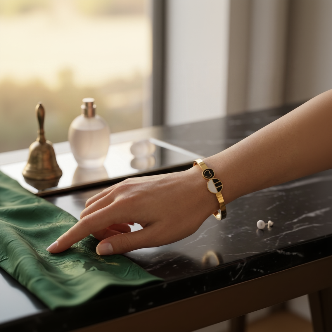 SwarnaSage "Dual Harmony" Yin-Yang Inspired Black & White Enamel Heart Bangle - Highly Polished Gold-Tone Cuff for Modern Women