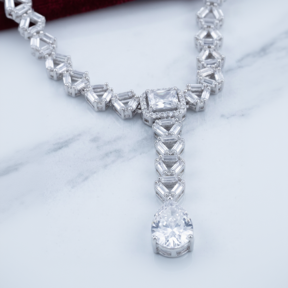 Lucent V' Geometric Link Statement Necklace and Drop Earrings Set in White Gold with Pear Drop Accent (Cubic Zirconia)