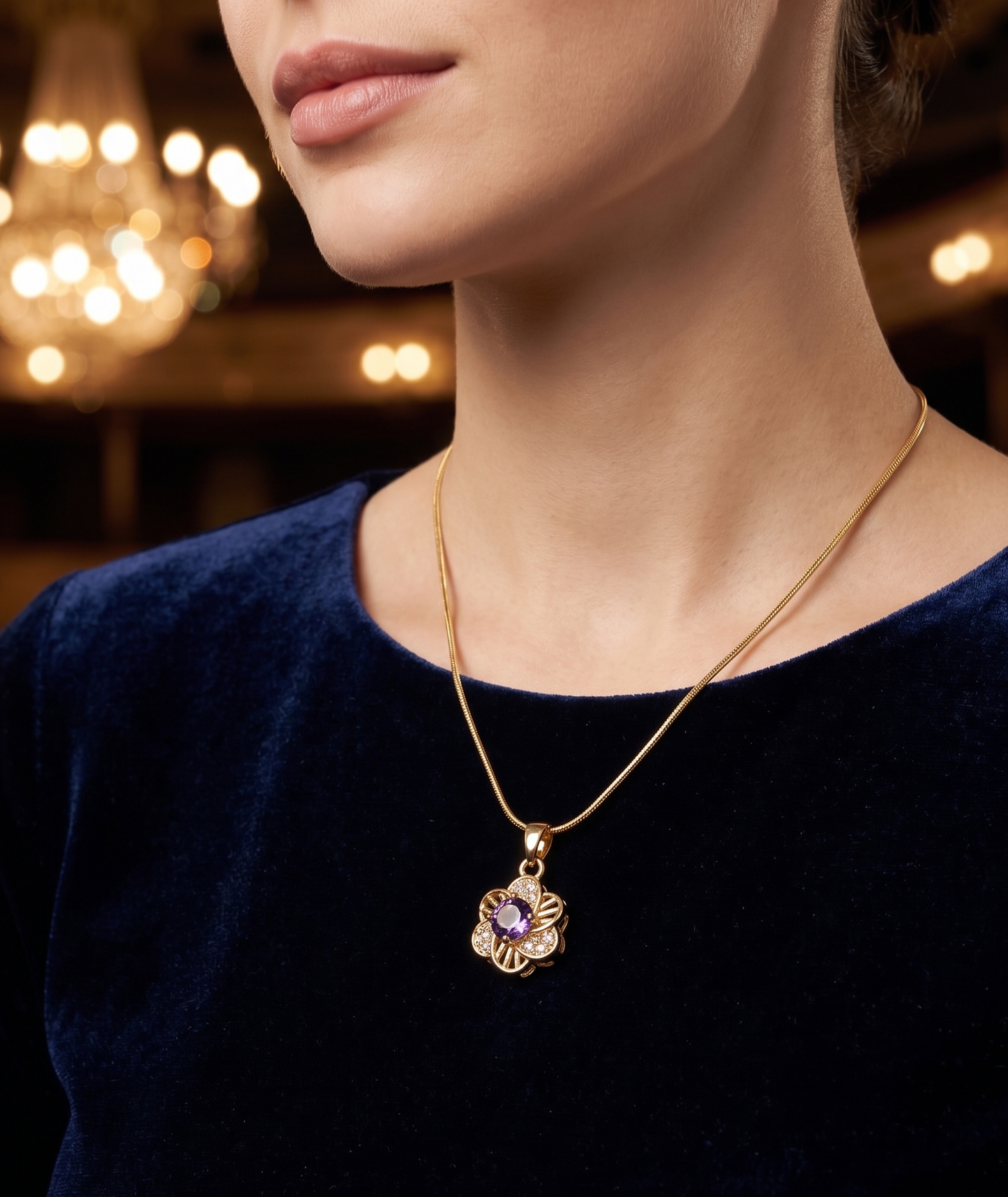 Exquisite Gold-Plated Filigree Flower Pendant Necklace with Brilliant Purple Amethyst CZ and Pave Setting