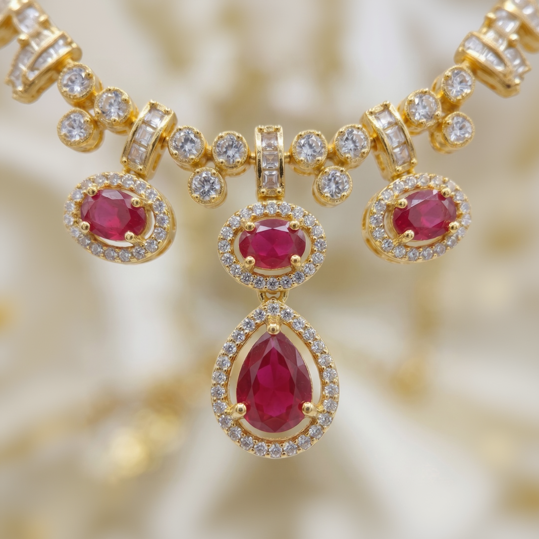Royal Ruby Halo Drop Necklace and Earring Set in Gold Finish