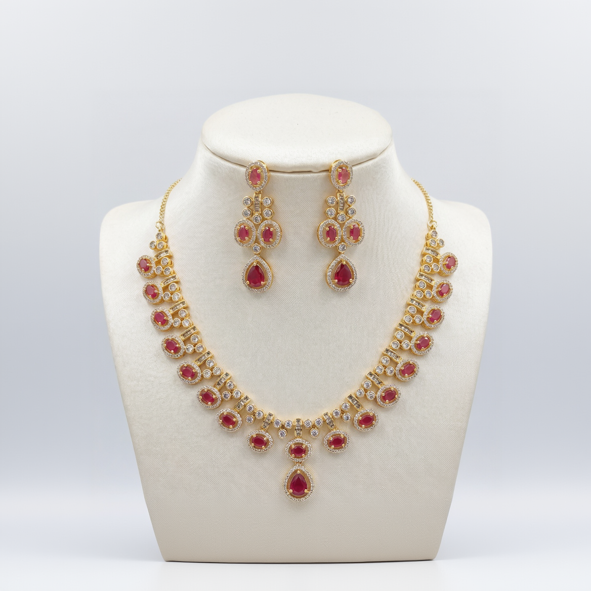 Royal Ruby Halo Drop Necklace and Earring Set in Gold Finish