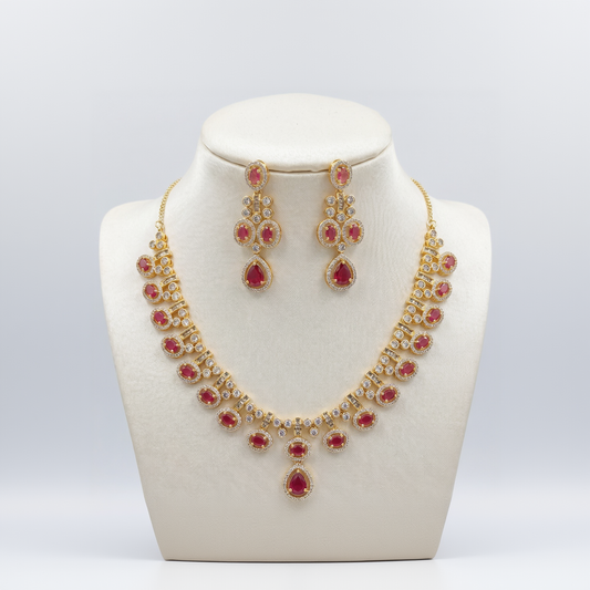 Royal Ruby Halo Drop Necklace and Earring Set in Gold Finish