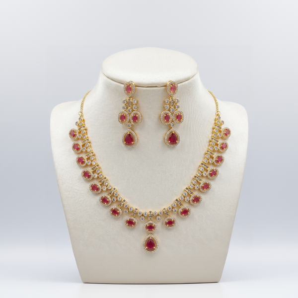 Royal Ruby Halo Drop Necklace and Earring Set in Gold Finish