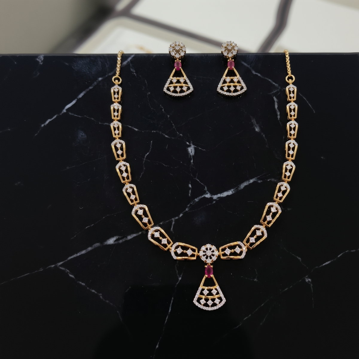 Gold Geometric Shield Link Necklace & Earring Set with Pavé Diamonds and Ruby Drops